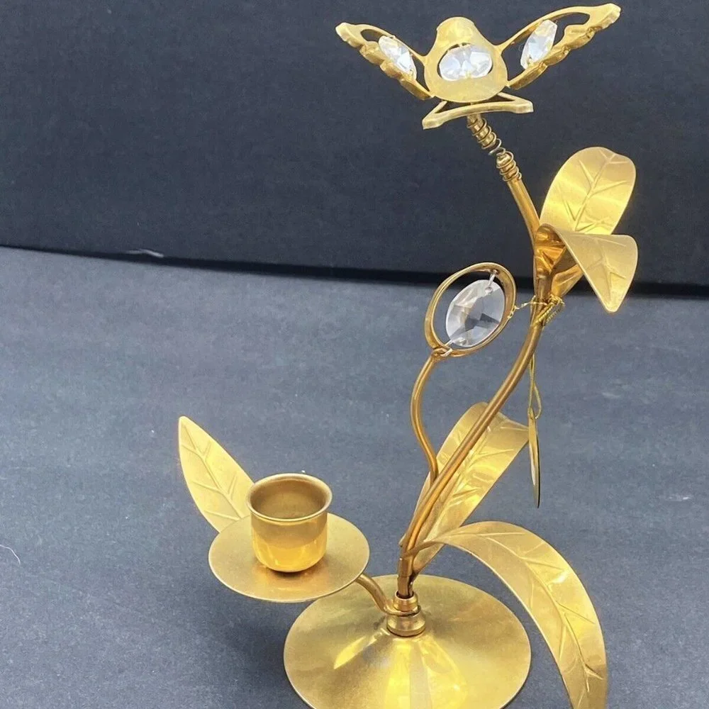 90s MASCOT USA Austrian Crystal Hummingbird Candle Holder 24K Gold Plated 8